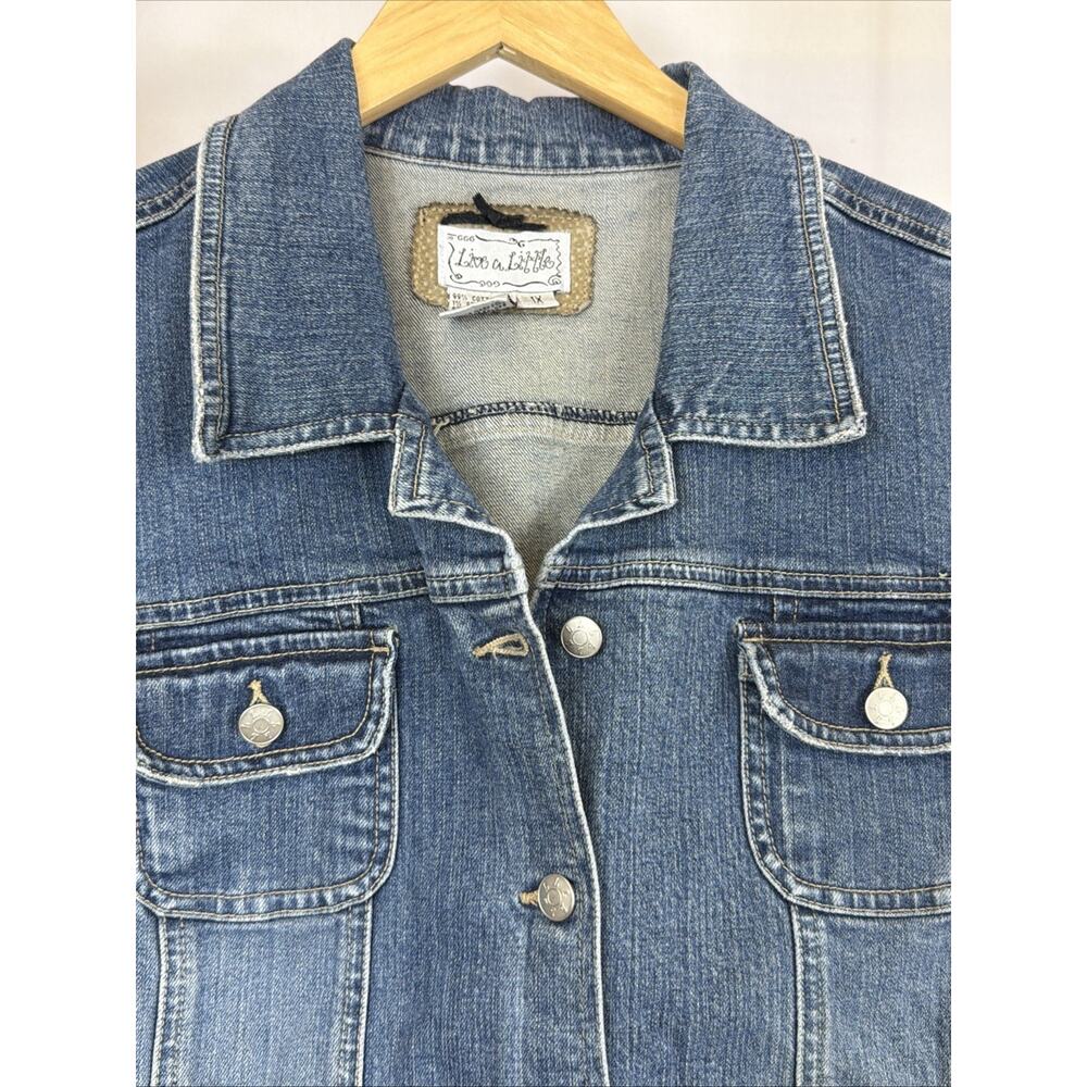 Vintage Live A Little Blue Denim Vest Chest Pockets Silver Buttons 1X Hong Kong - Picture 2 of 4